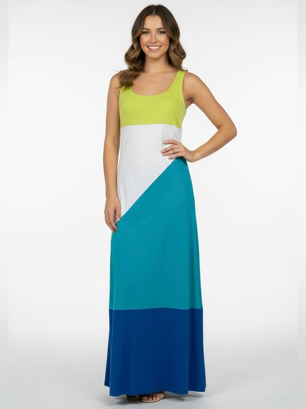 Bebe colorblock maxi dress yellow blue teal white